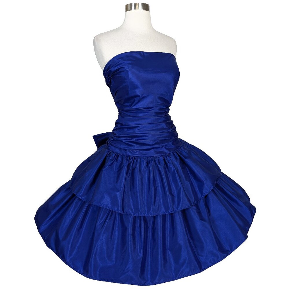 Vintage 80s Royal Blue Strapless Taffeta Tiered Full Skirt Prom Party Dress S
